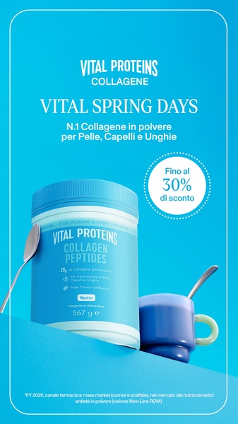 A vertical 9:16 promotional ad for collagen peptides featuring a clean, monochromatic blue aesthetic and a clear discount incentive.